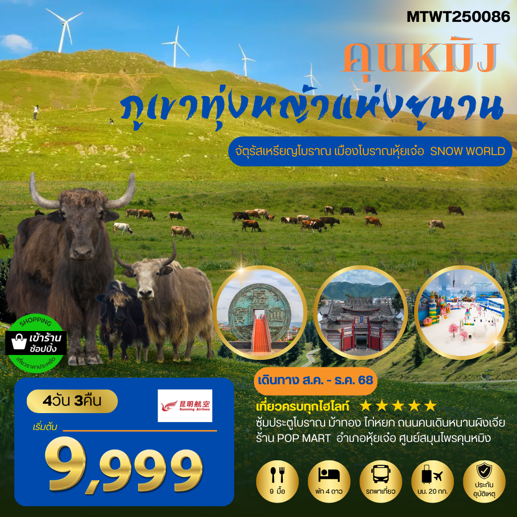 ภูเขาทุ่งหญ้าแห่งมณฑลยูนาน มหานครคุนหมิง จัตุรัสเหรียญโบราณ-เมืองโบราณหุ้ยเจ๋อ -SNOW WORLD 4 วัน 3 คืน (KY)