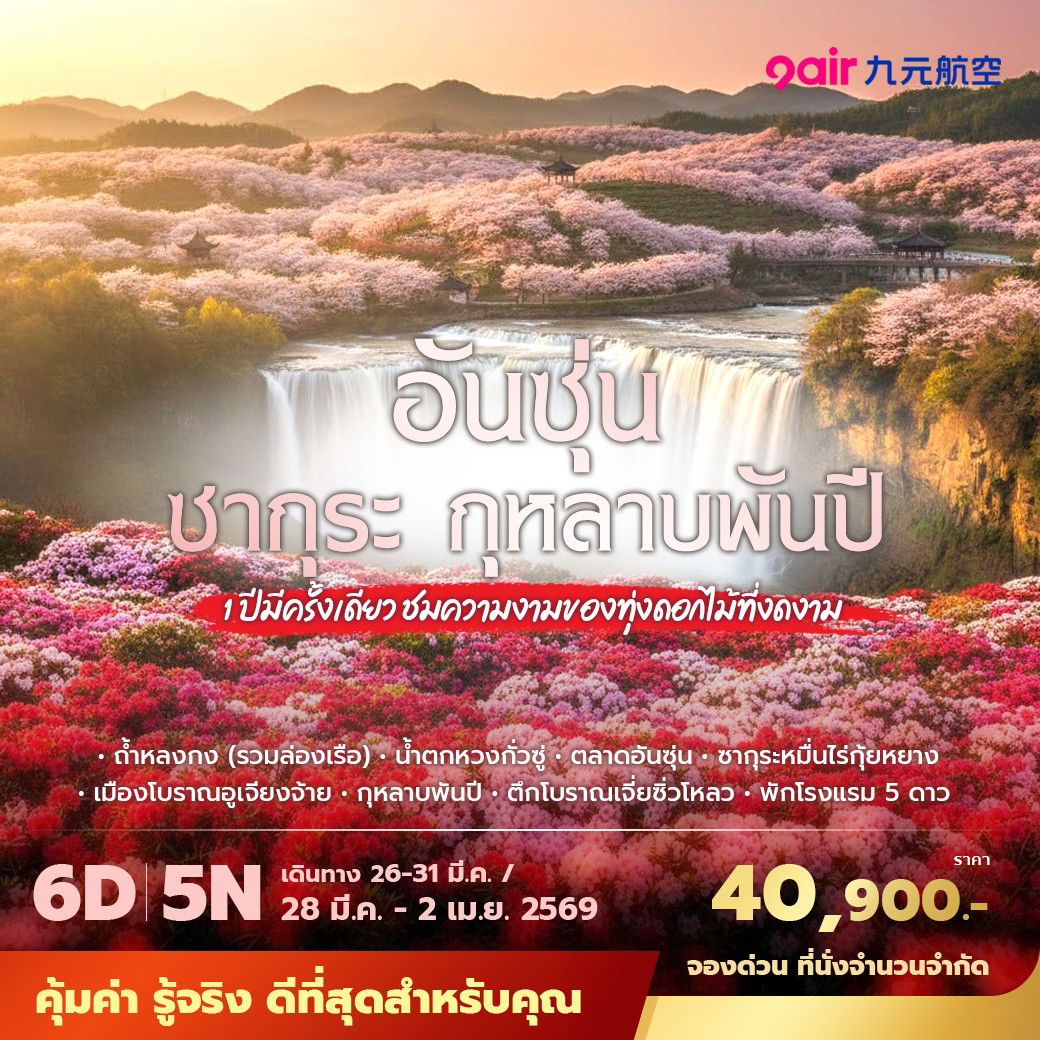 AQ อันซุ่น ซากุระ กุหลาบพันปี 1 ปีมีครั้งเดียว ชมความงามของทุ่งดอกไม้ที่งดงาม 6วัน5คืน ไม่ลงร้าน ไม่ขายออปชั่น