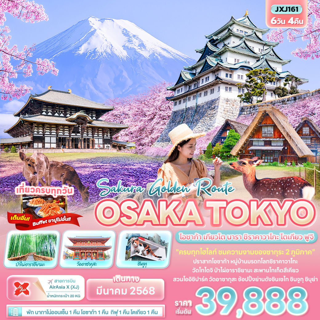 ทัวร์ญี่ปุ่น Sakura Golden Route OSAKA TOKYO โอซาก้า เกียวโต นารา ชิราคาวาโกะ โตเกียว ฟูจิ 6วัน 4คืน