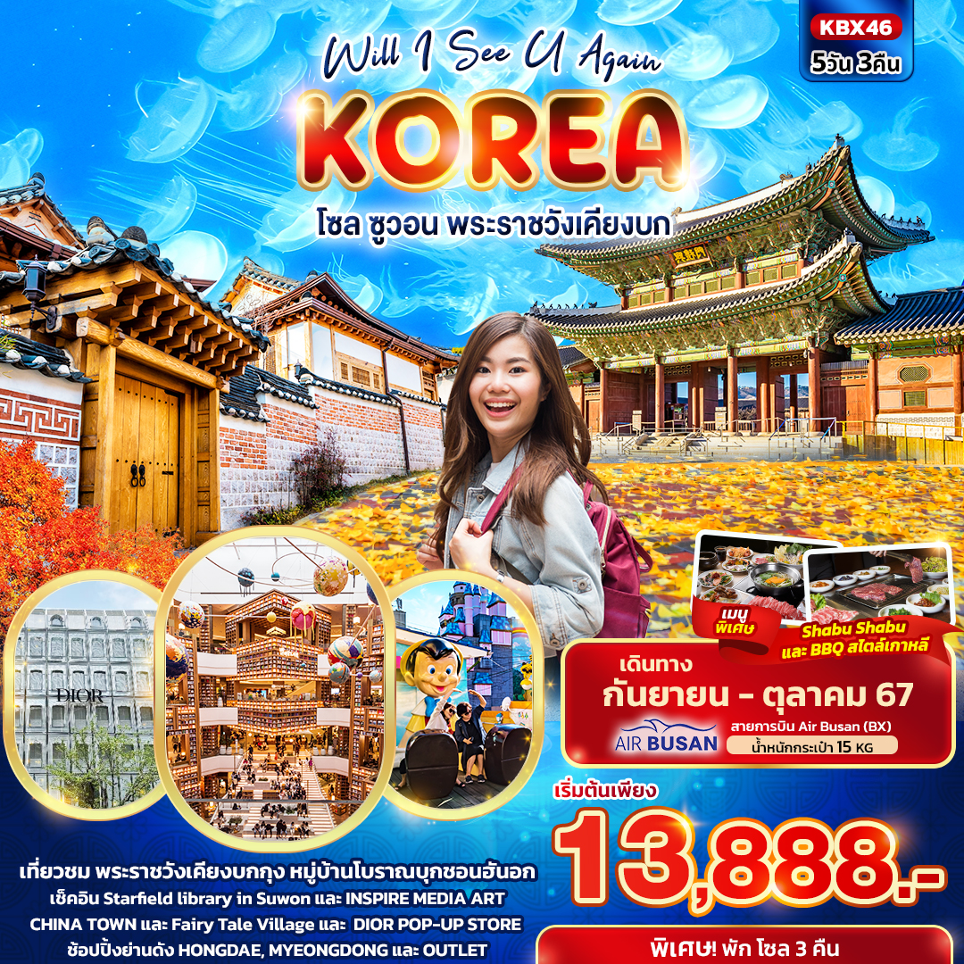 ทัวร์เกาหลี Will I See U Again KOREA โซล ซูวอน พระราชวังเคียงบก 5 วัน 3 คืน