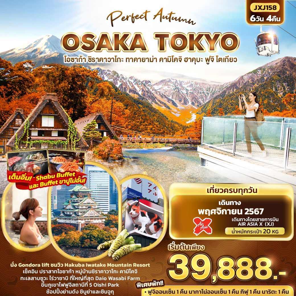 ทัวร์ญี่ปุ่น Perfect Autumn โอซาก้า ชิราคาวาโกะ ทาคายาม่า คามิโคจิ ฮาคุบะ ฟูจิ โตเกียว 6 วัน 4 คืน