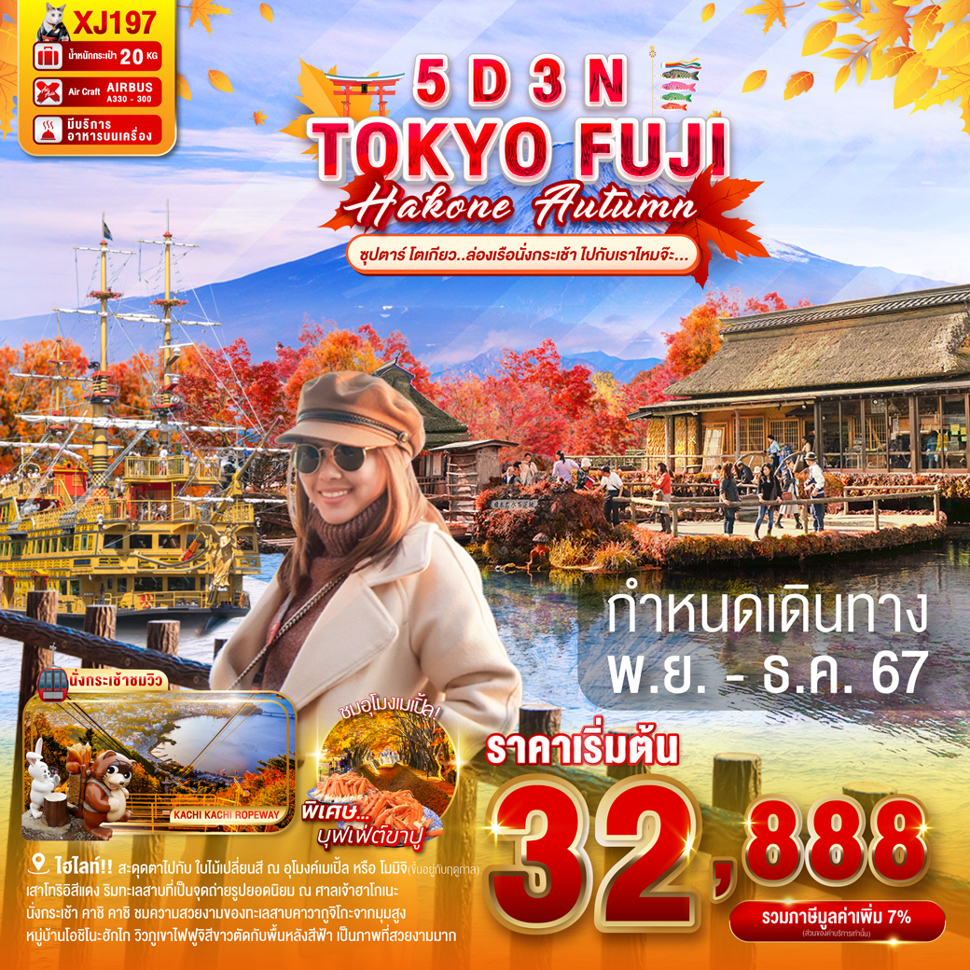 ทัวร์ญี่ปุ่น TOKYO FUJI HAKONE AUTUMN ซุปตาร์ โตเกียว ล่องเรือนั่งกระเช้า ไปกับเราไหมจ๊ะ  5 วัน 3 คืน