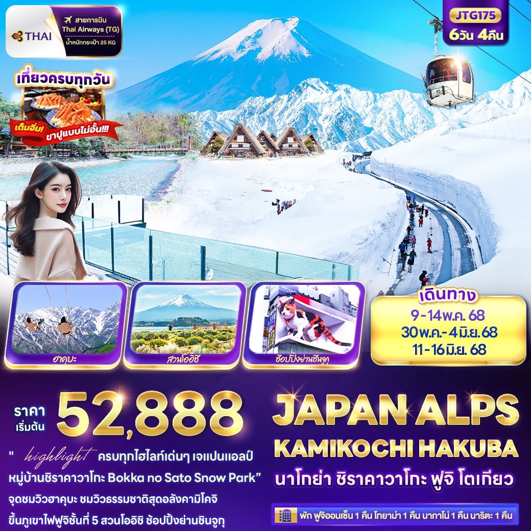 ทัวร์ญี่ปุ่น JAPAN ALPS KAMIKOCHI HAKUBA นาโกย่า ชิราคาวาโกะ ฟูจิ โตเกียว 6 วัน 4 คืน