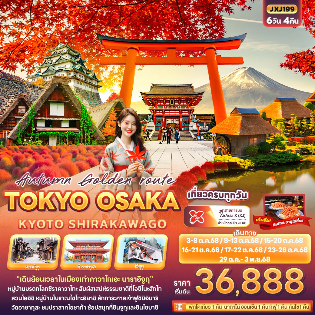 ทัวร์ญี่ปุ่น Autumn Golden route โตเกียว โอซาก้า เกียวโต ชิราคาวาโกะ 6 วัน 4 คืน