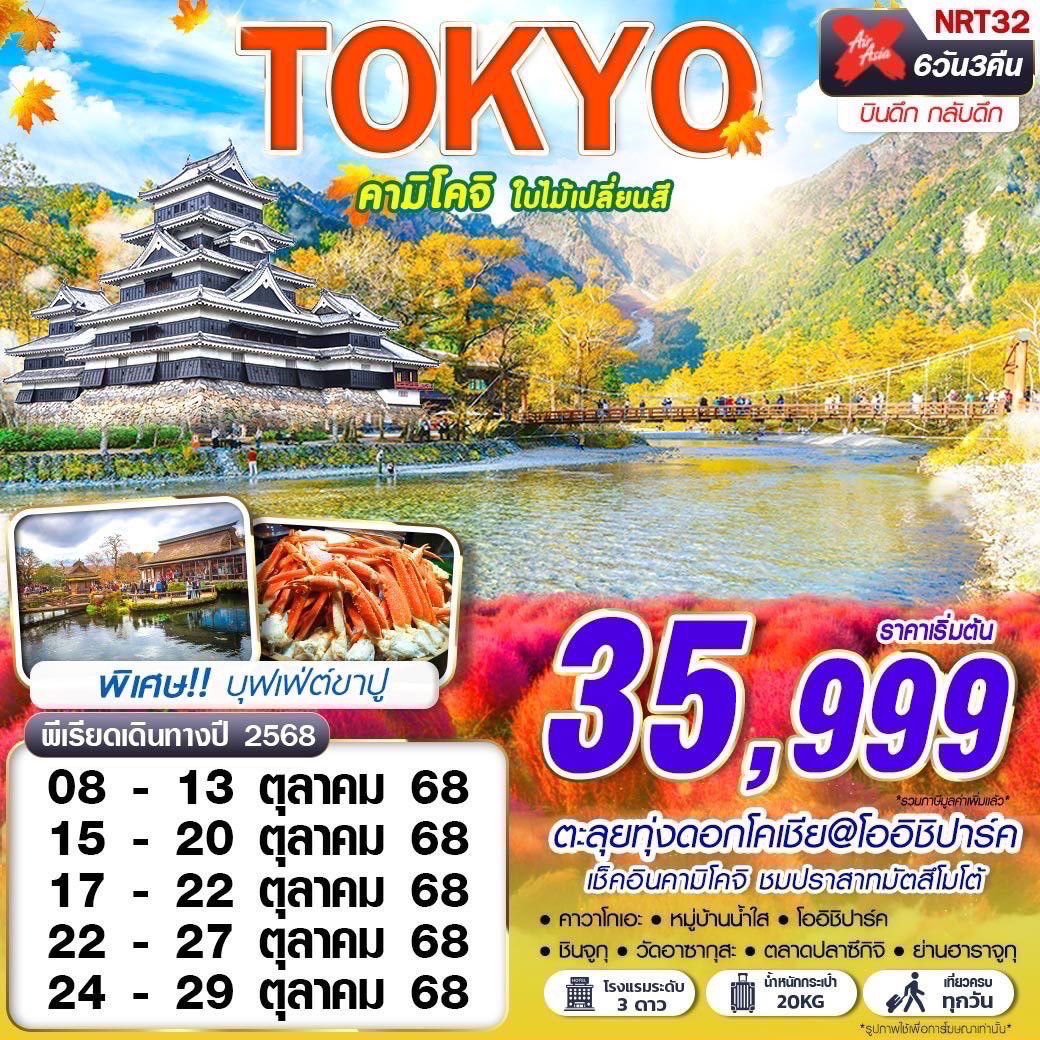 ทัวร์ญี่ปุ่น TOKYO คามิโคจิ ใบไม้เปลี่ยนสี (บินดึกกลับดึก เที่ยวเต็ม) OCT 6 วัน 3 คืน