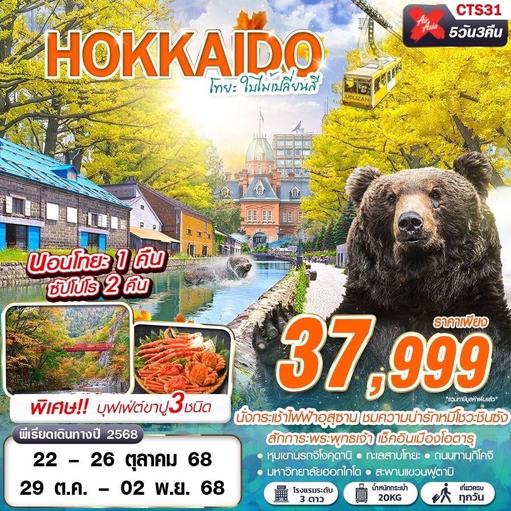 ทัวร์ญี่ปุ่น ฮอกไกโด HOKAIDO โทยะ ใบไม้เปลี่ยนสี (เที่ยวเต็ม) OCT 5 วัน 3 คืน
