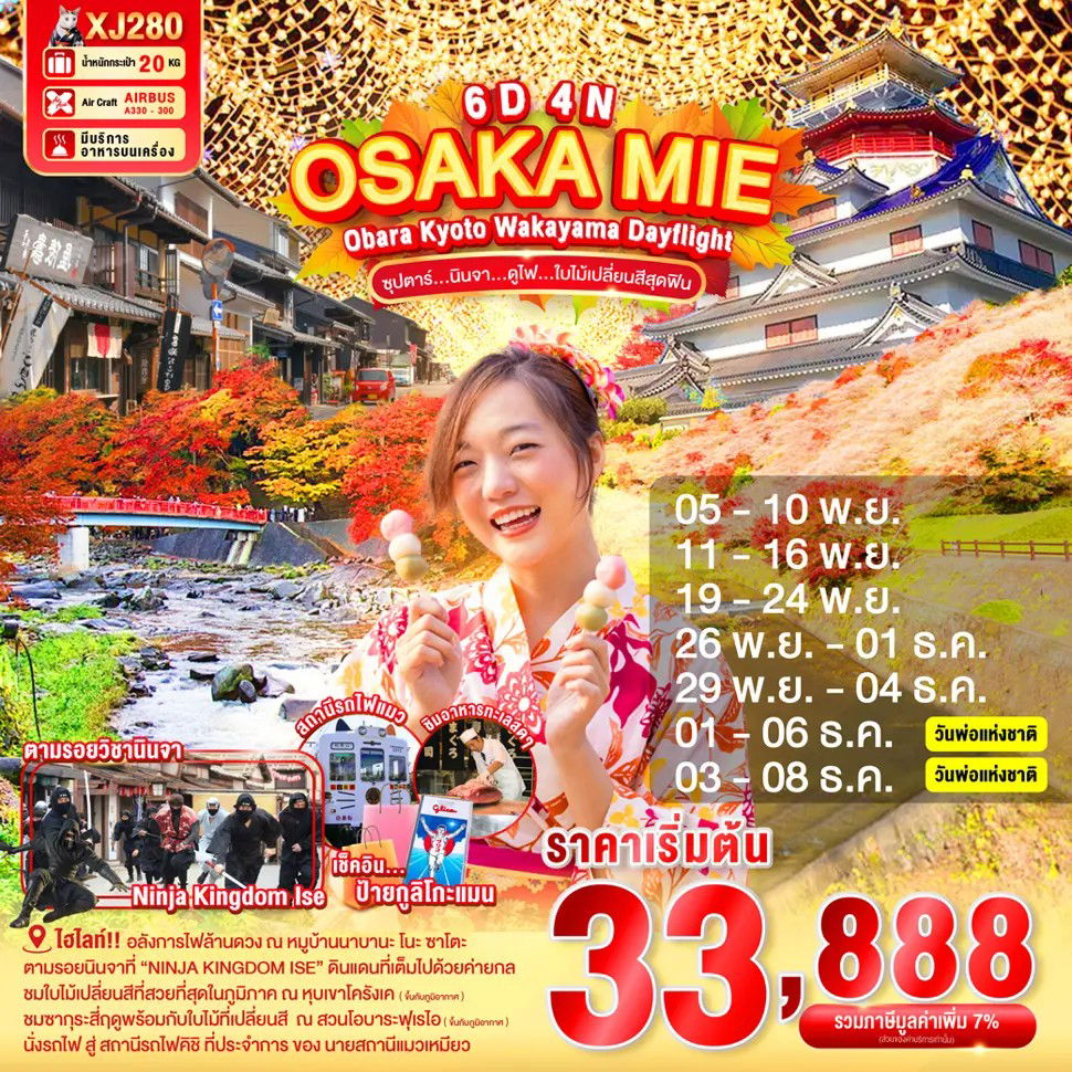 ทัวร์ญี่ปุ่น...OSAKA MIE OBARA KYOTO WAKAYAMA DAYFLIGHT ซุปตาร์...นินจา...ดูไฟ...ใบไม้เปลี่ยนสี 6 วัน 4 คืน