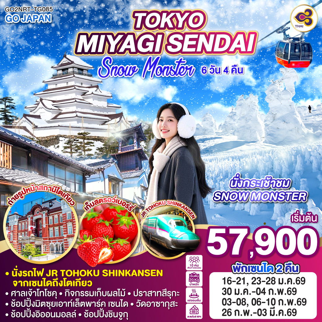 ทัวร์ญี่ปุ่น TOKYO MIYAGI SENDAI SNOW MONSTER โตเกียว มิยากิ เซนได สโนว์ มอนสเตอร์ 6 วัน 4 คืน