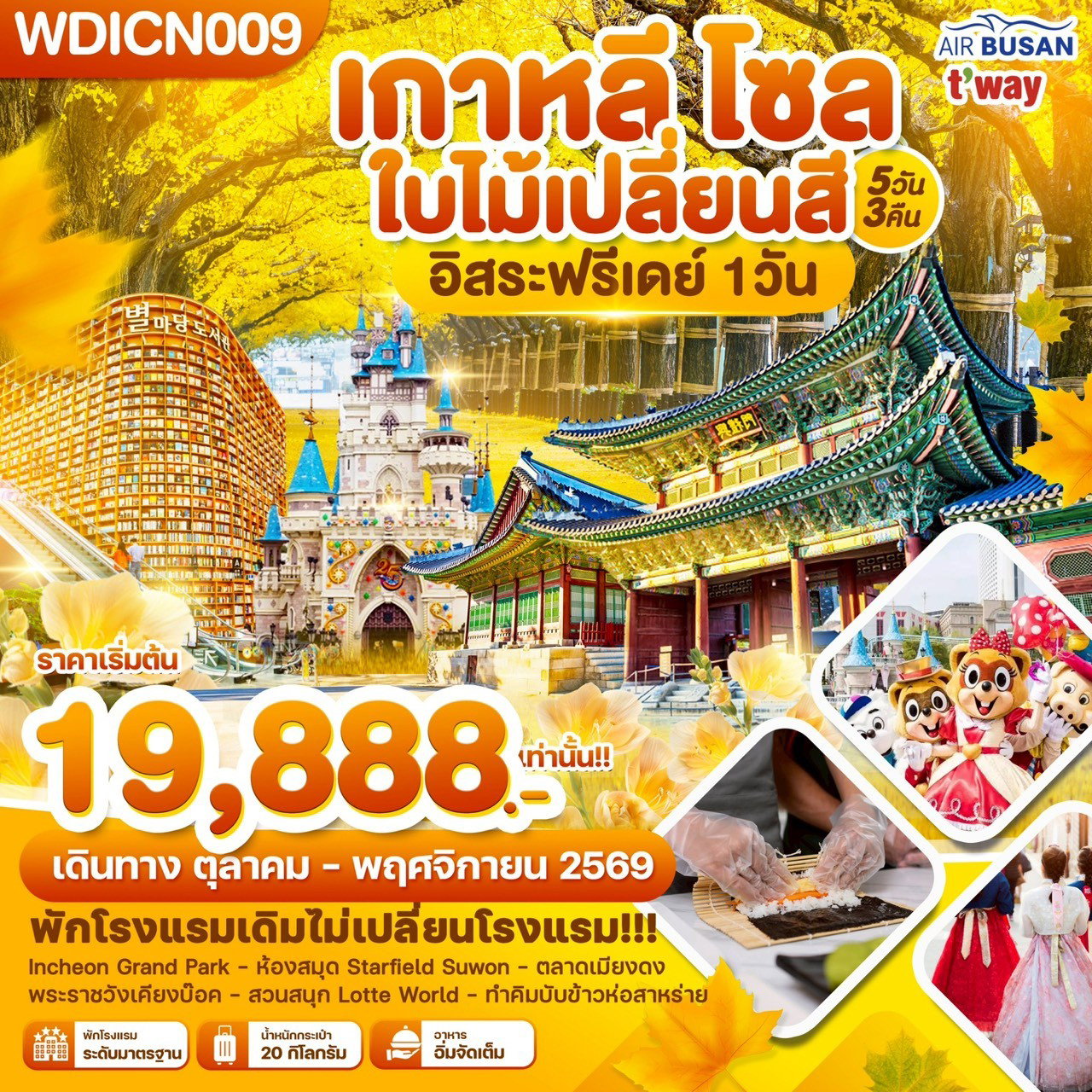 ทัวร์เกาหลี โซล ใบไม้เปลี่ยนสี อิสระฟรีเดย์ 1 วัน 5 วัน 3 คืน 