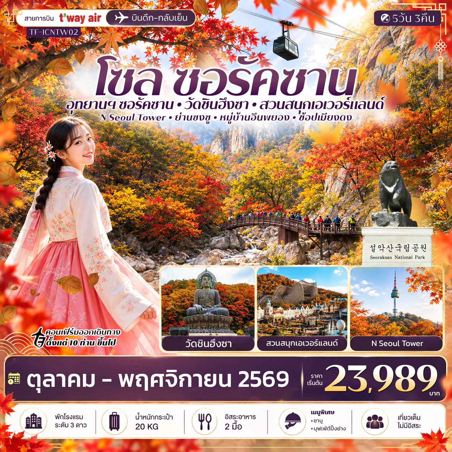 ทัวร์เกาหลี โซล ซอรัคซาน สวนสนุกเอเวอร์แลนด์ 5 วัน 3 คืน บิน T’way Air (TW)
