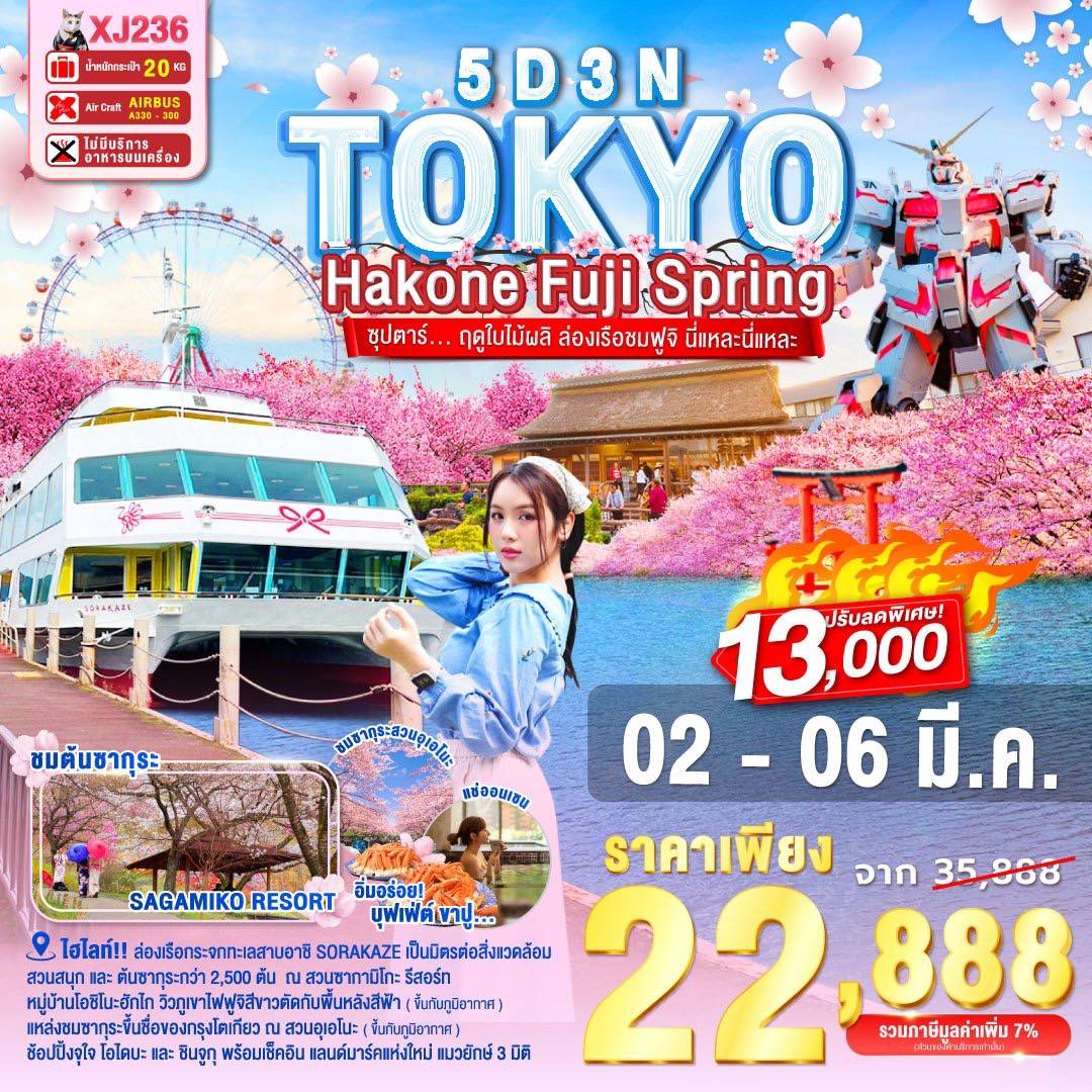 ทัวร์ญี่ปุ่น XJ236 TOKYO HAKONE FUJI SPRING 5D 3N BY XJ 
