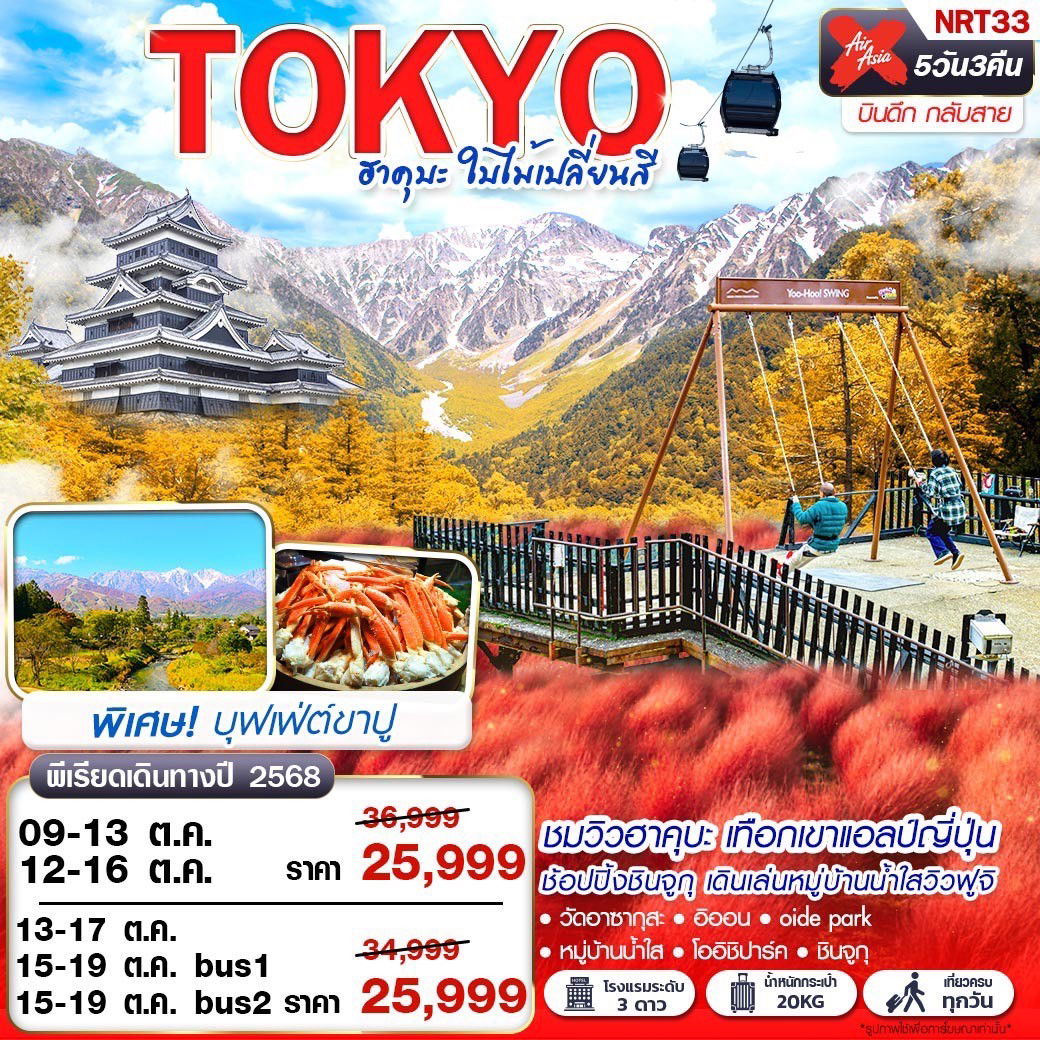 NRT33 XJ DMK TOKYO ฮาคุบะ ใบไม้เปลี่ยนสี (บินดึกกลับสาย เที่ยวเต็ม) OCT 5D3N