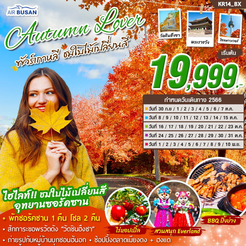 ทัวร์เกาหลี Autumn Lover ชมใบไม้เปลี่ยนสี 5วัน 3คืน (ฺBX)