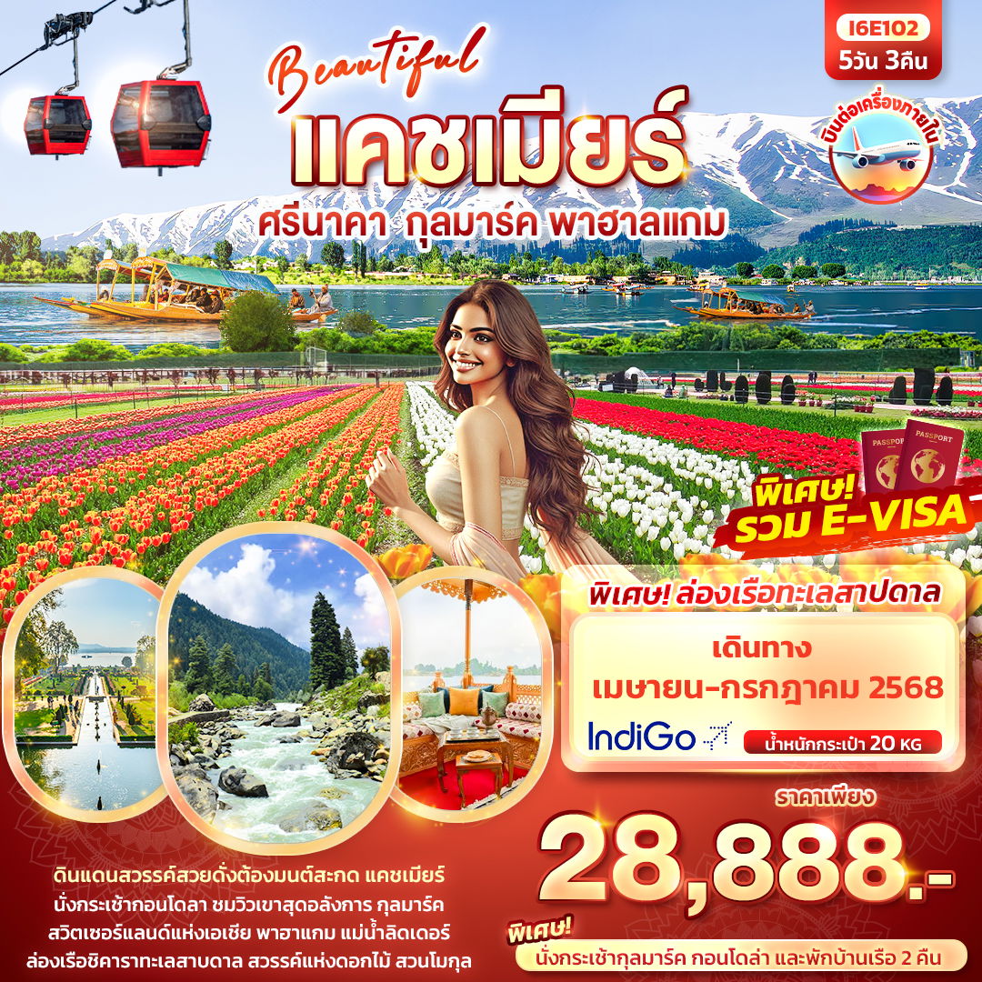 อินเดีย แคชเมียร์ ศรีนาคา กุลมาร์ค พาฮาลแกม 5 วัน 3 คืน (6E) (พักบนบ้านเรือ)