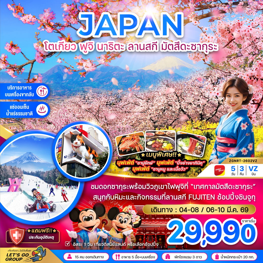 JAPAN โตเกียว ฟูจิ นาริตะ ลานสกี มัตสึดะซากุระ 5 วัน 3 คืน (VZ)