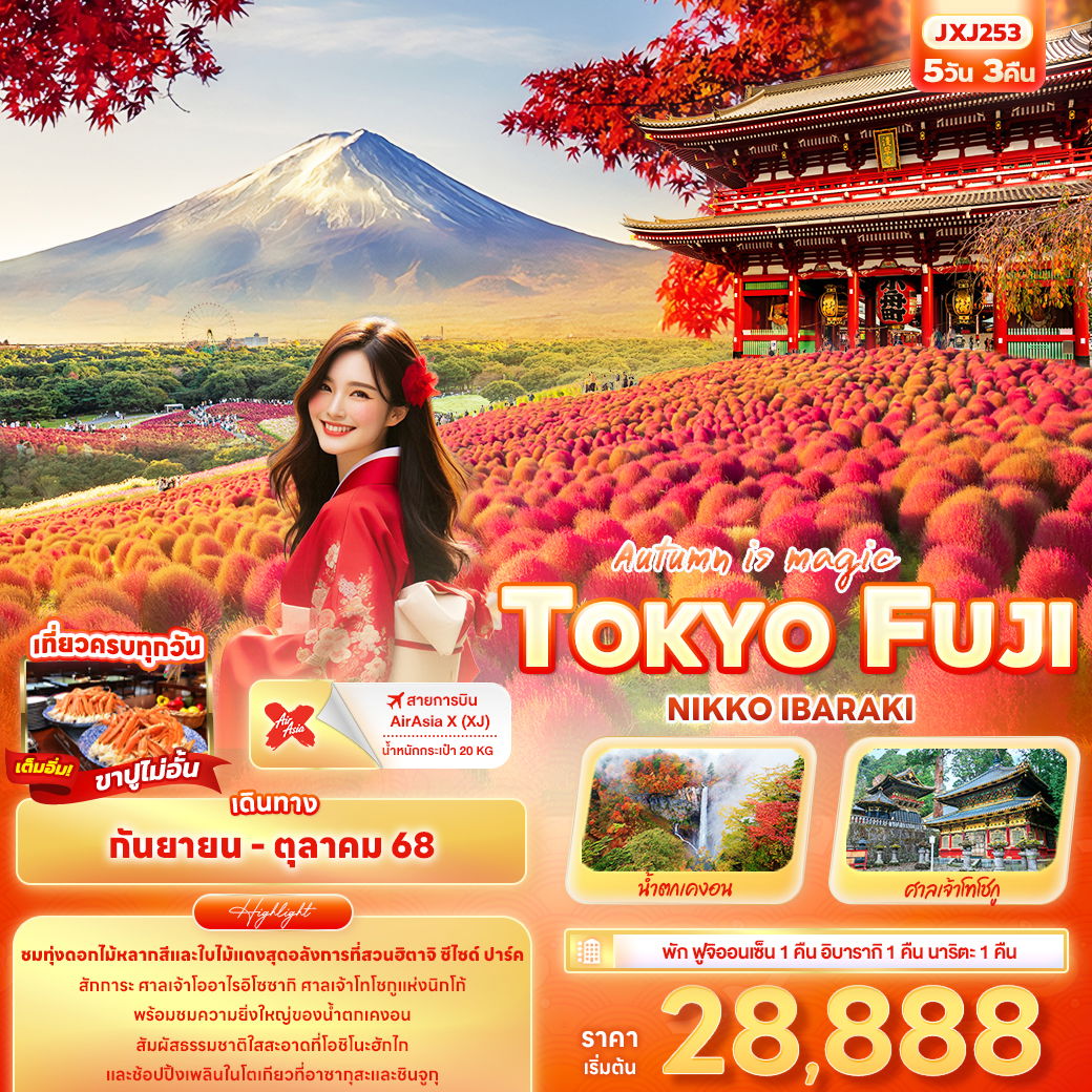 TOKYO FUJI ญี่ปุ่น โตเกียว ฟูจิ นิกโก้ อิบารากิ 5 วัน 3 คืน เดินทาง กันยายน - ตุลาคม 68 เริ่มต้น 28,888.- Air Asia X (XJ)