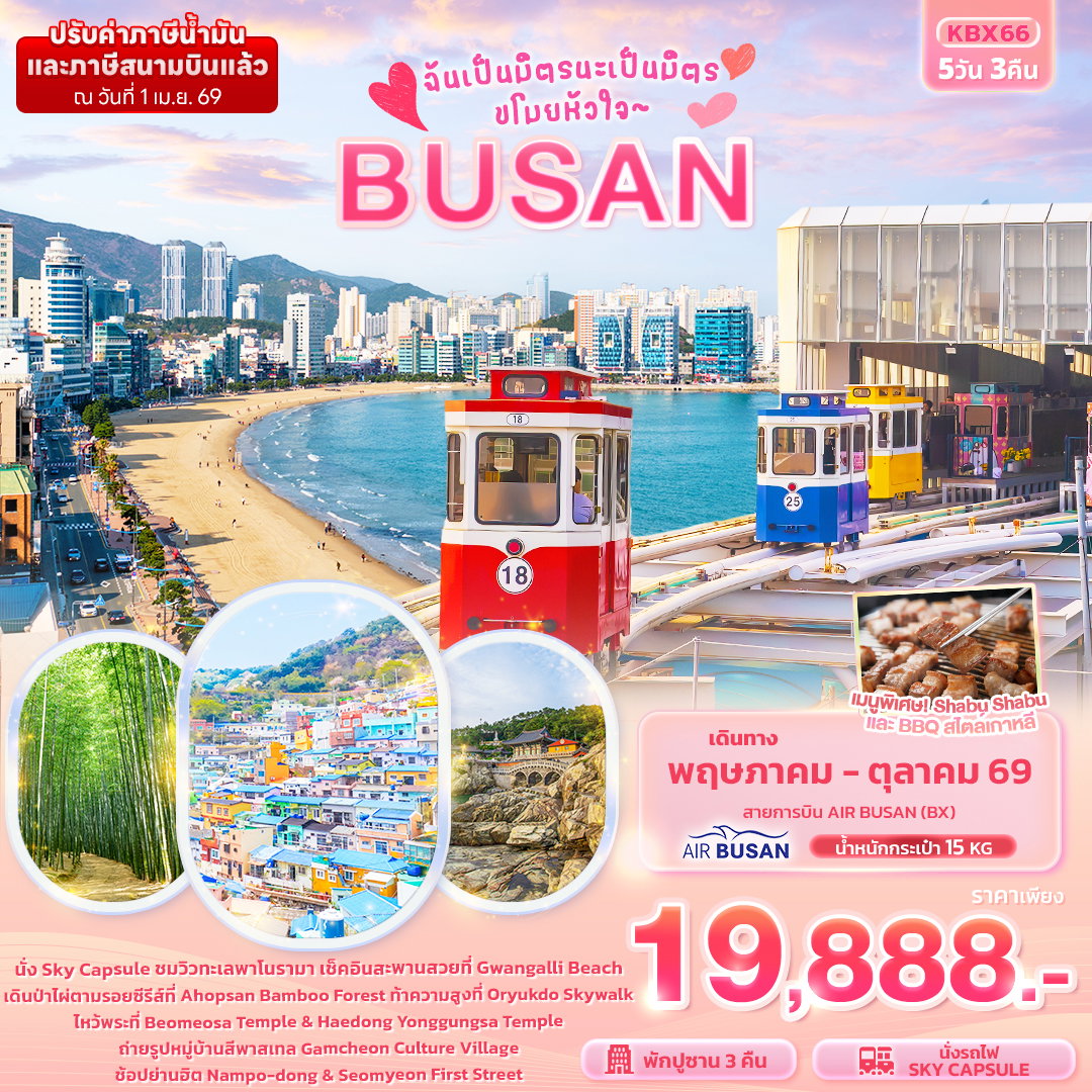 ปูซาน 5 วัน 3 คืน เดินทาง พฤษภาคม - ตุลาคม 69 โดยสายการบิน Air Busan (BX)