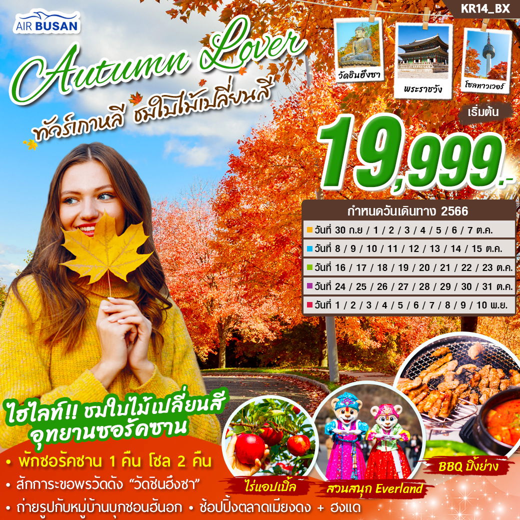 ทัวร์เกาหลี Autumn Lover ชมใบไม้เปลี่ยนสี 5วัน 3คืน (ฺBX)