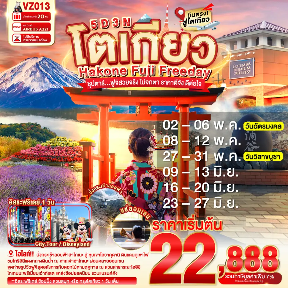 VZ013 TOKYO HAKONE FUJI FREEDAY 5D 3N BY VZ -- MAY-JUN'26 --- ซุปตาร์...ฟูจิสวยจริง ไม่จกตา ราคาดีจัง ดีต่อใจ