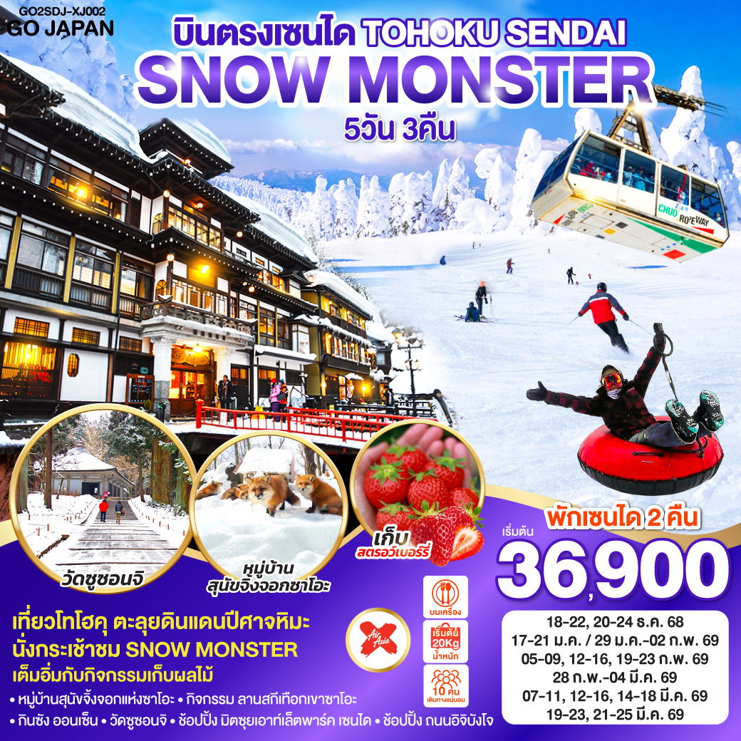 บินตรง TOHOKU SENDAI SNOW MONSTER 5D 3N โดยสายการบินไทยแอร์เอเชีย เอ็กซ์ [XJ]