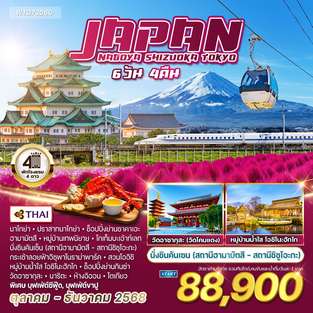 ทัวร์ญี่ปุ่น นาโกย่า - ชิซูโอกะ - โตเกียว 6 วัน 4 คืน (TG)  JULY - DEC 2568 ทัวร์ญี่ปุ่น นาโกย่า - ชิซูโอกะ - โตเกียว 6 วัน 4 คืน (TG)  JULY - DEC 2568