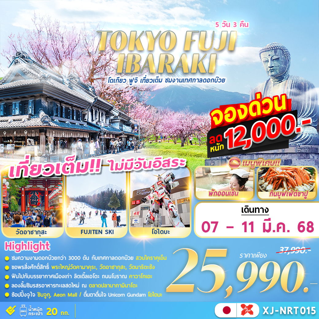 ทัวร์ญี่ปุ่น TOKYO FUJI IBARAKI 5D3N เที่ยวเต็ม ไม่มีอิสระ (MAR'25)