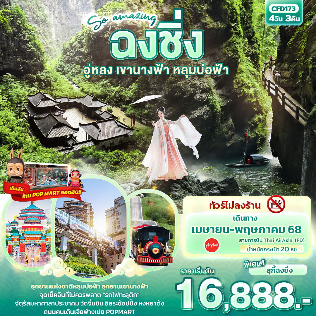 ทัวร์จีน ฉงชิ่ง อู่หลง เขานางฟ้า หลุมบ่อฟ้า 4 วัน 3 คืน by Thai Air Asia