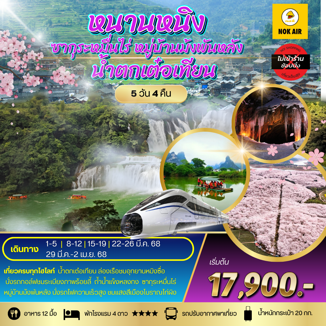 ทัวร์จีน หนานหนิง ซากุระหมื่นไร่ หมู่บ้านม้งพันหลัง น้ำตกเต๋อเทียน 5 วัน 4 คืน by Nok Air  