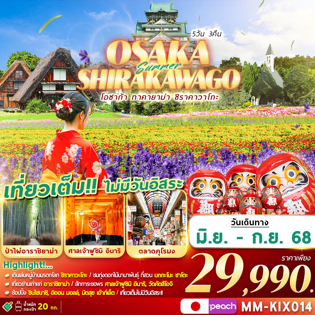 ทัวร์ญี่ปุ่น โอซาก้า ทาคายาม่า ชิราคาวาโกะ 5 วัน 3 คืน by Peach Aviation