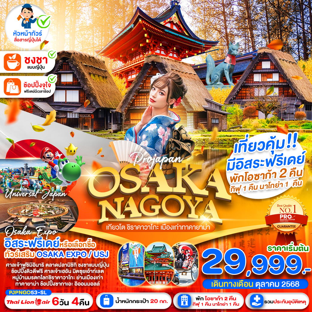 ทัวร์ญี่ปุ่น โอซาก้า นาโกย่า เกียวโต ชิราคาวาโกะ เมืองเก่าทาคายาม่า 6 วัน 4 คืน by Thai Lion Air