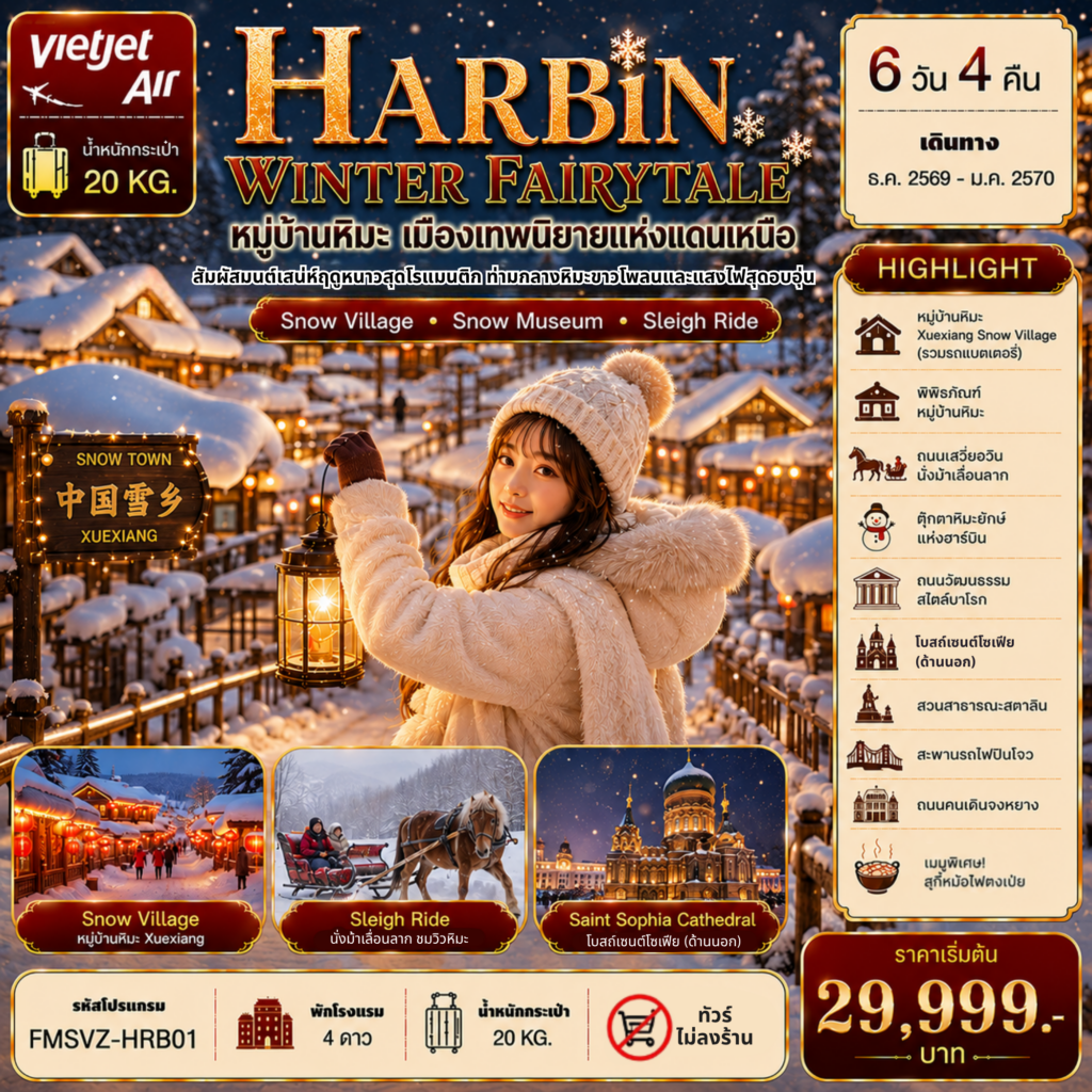 ทัวร์จีน ฮาร์บิน หมู่บ้านหิมะ โบสถ์เซนต์โซเฟีย 6 วัน 4 คืน by THAI VIETJET
