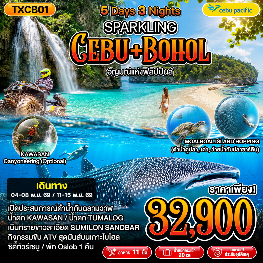 ทัวร์ฟิลิปปินส์ เชบู เกาะโบโฮล ช็อกโกแลตฮิลส์ ดำน้ำชมฉลามวาฬ 5 วัน 3 คืน by CEBU PACIFIC