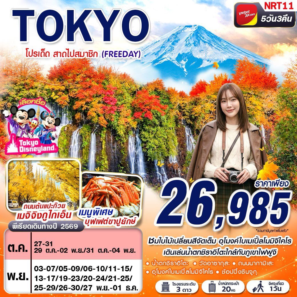 ทัวร์ญี่ปุ่น โตเกียว วัดอาซากุสะ อุโมงค์ใบเมเปิ้ล ฟรีเดย์ 5 วัน 3 คืน by THAI VIETJET
