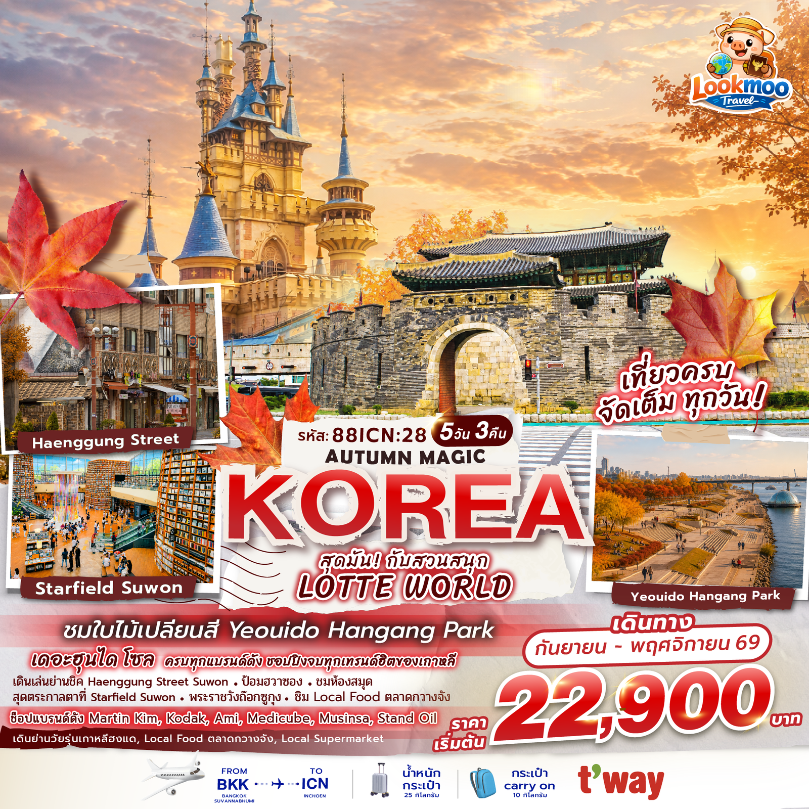 Autumn Magic 5วัน3คืน BKK-ICN ถนนแฮงกุง ป้อมฮวาซอง Starfield Suwon Lotte World แม่น้ำฮัน พระราชวังถ็อกซู ตลาดกวางจัง ฮงแด เมียงดง